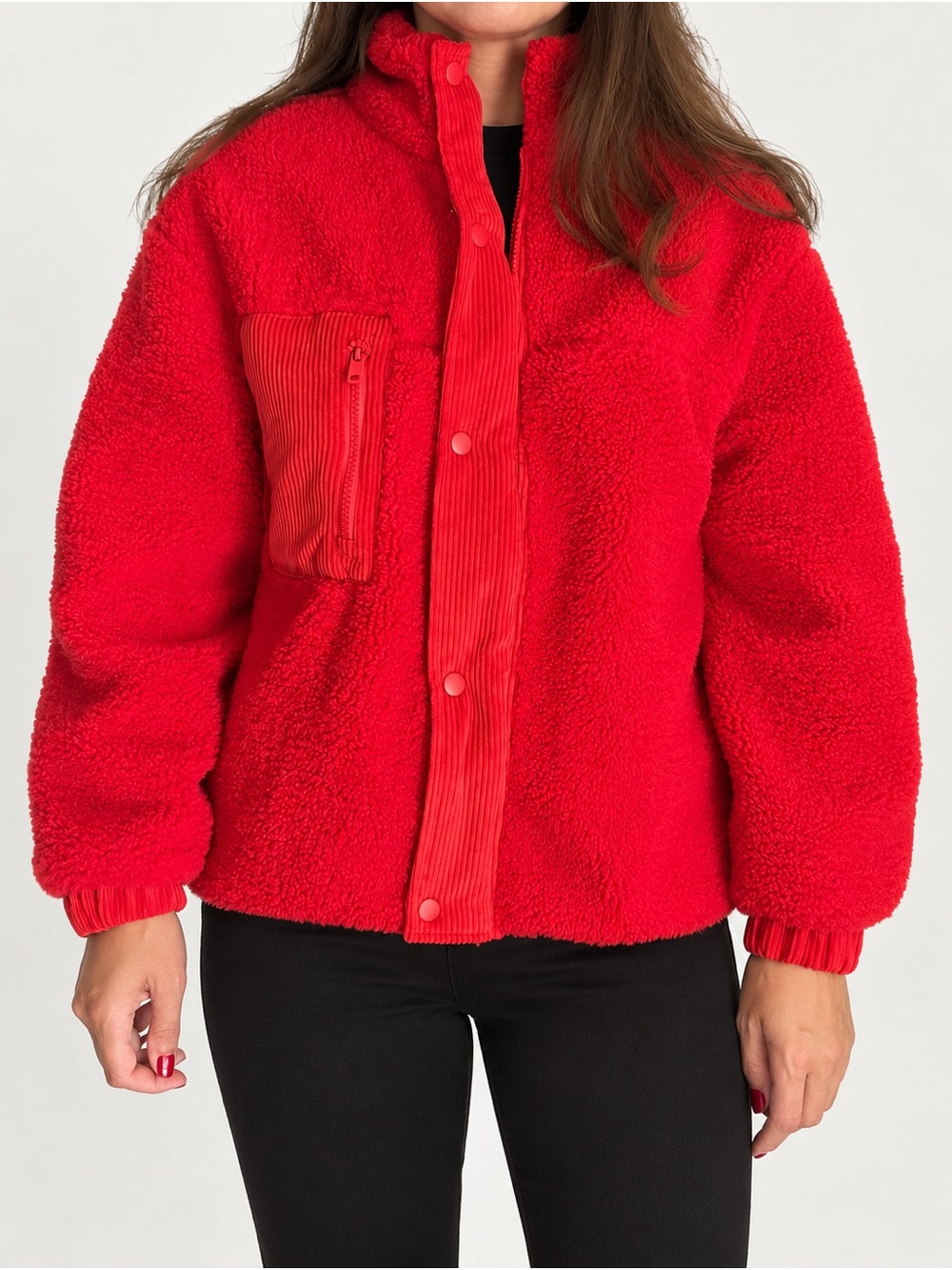 Love Tree Red Teddy Sherpa Jacket with Corduroy Placket